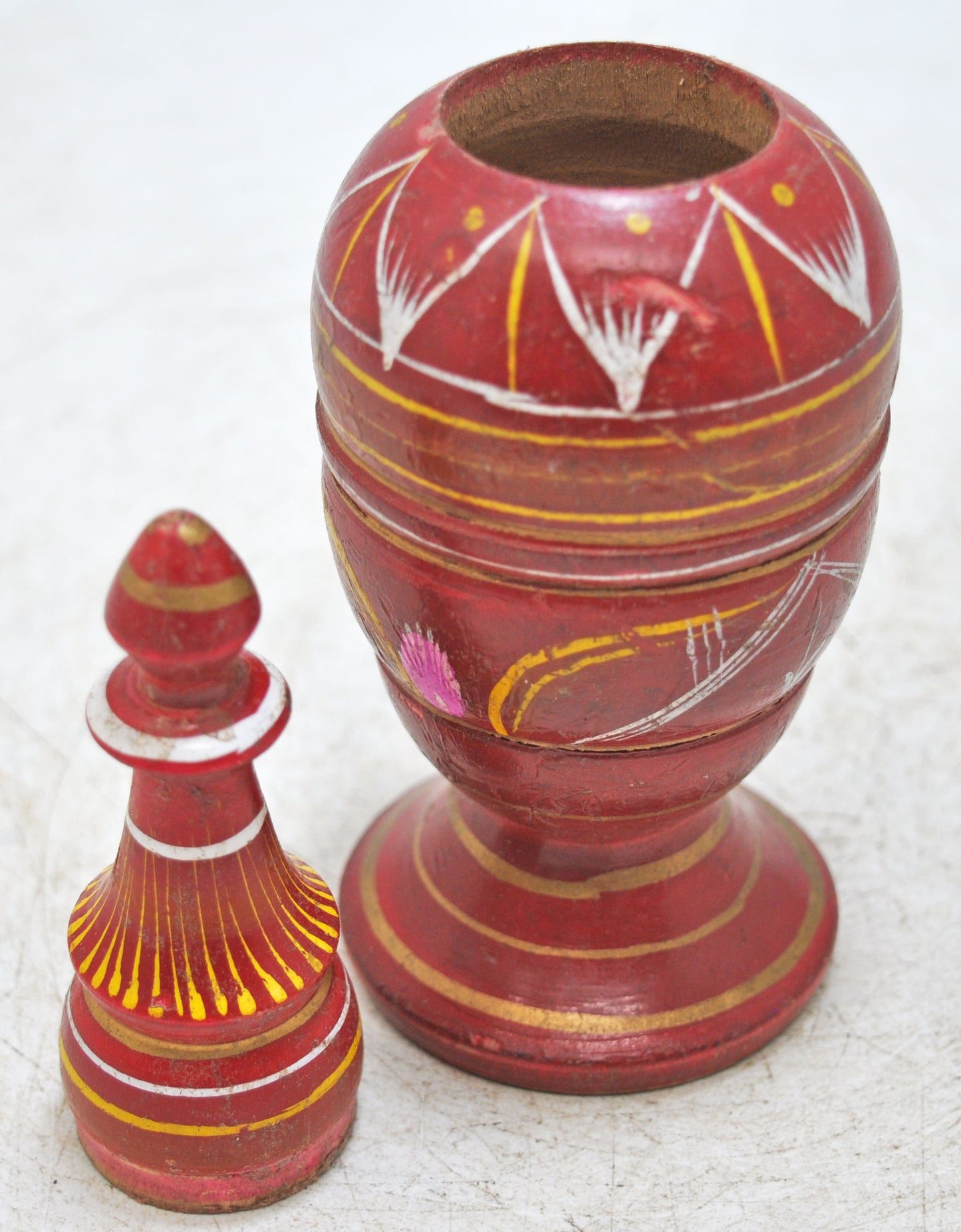 Vintage Wooden Kum Kum Powder Tika Box Original Old Hand Carved Lacquer Painted