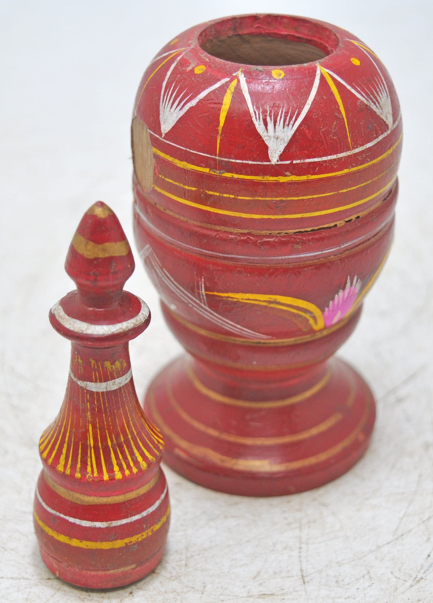 Vintage Wooden Kum Kum Powder Tika Box Original Old Hand Carved Lacquer Painted