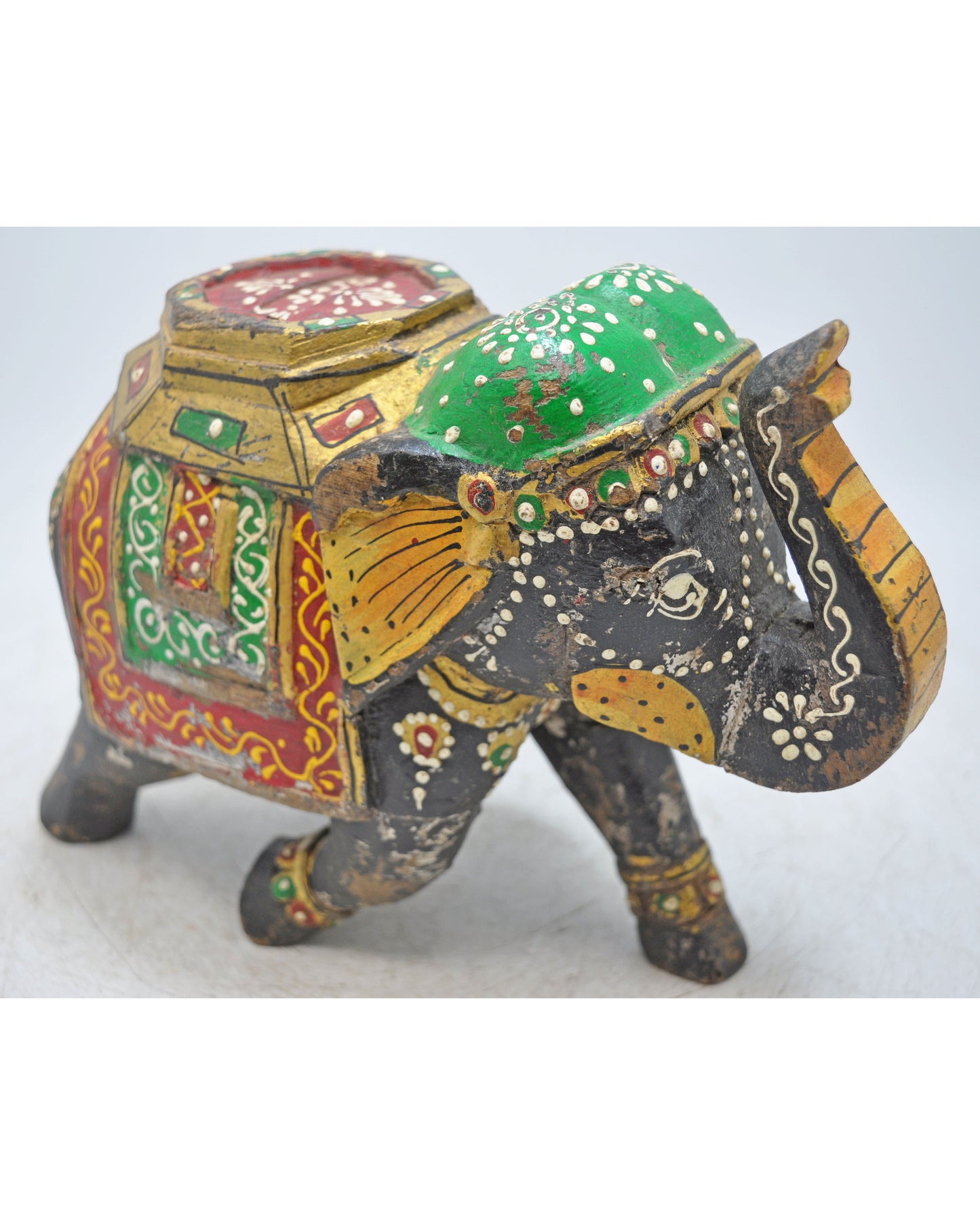 Vintage Wooden Elephant Figurine Original Old Hand Carved Painted