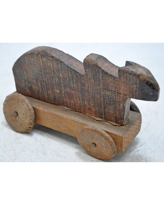 Antique Wooden Holy Cow on Wheels Figurine Original Old Hand Carved