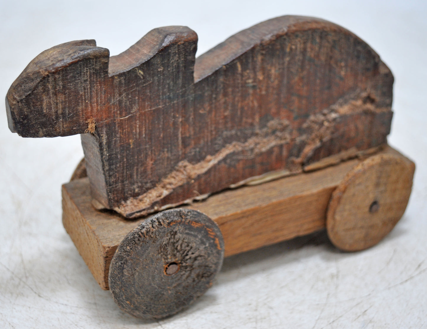 Antique Wooden Holy Cow on Wheels Figurine Original Old Hand Carved