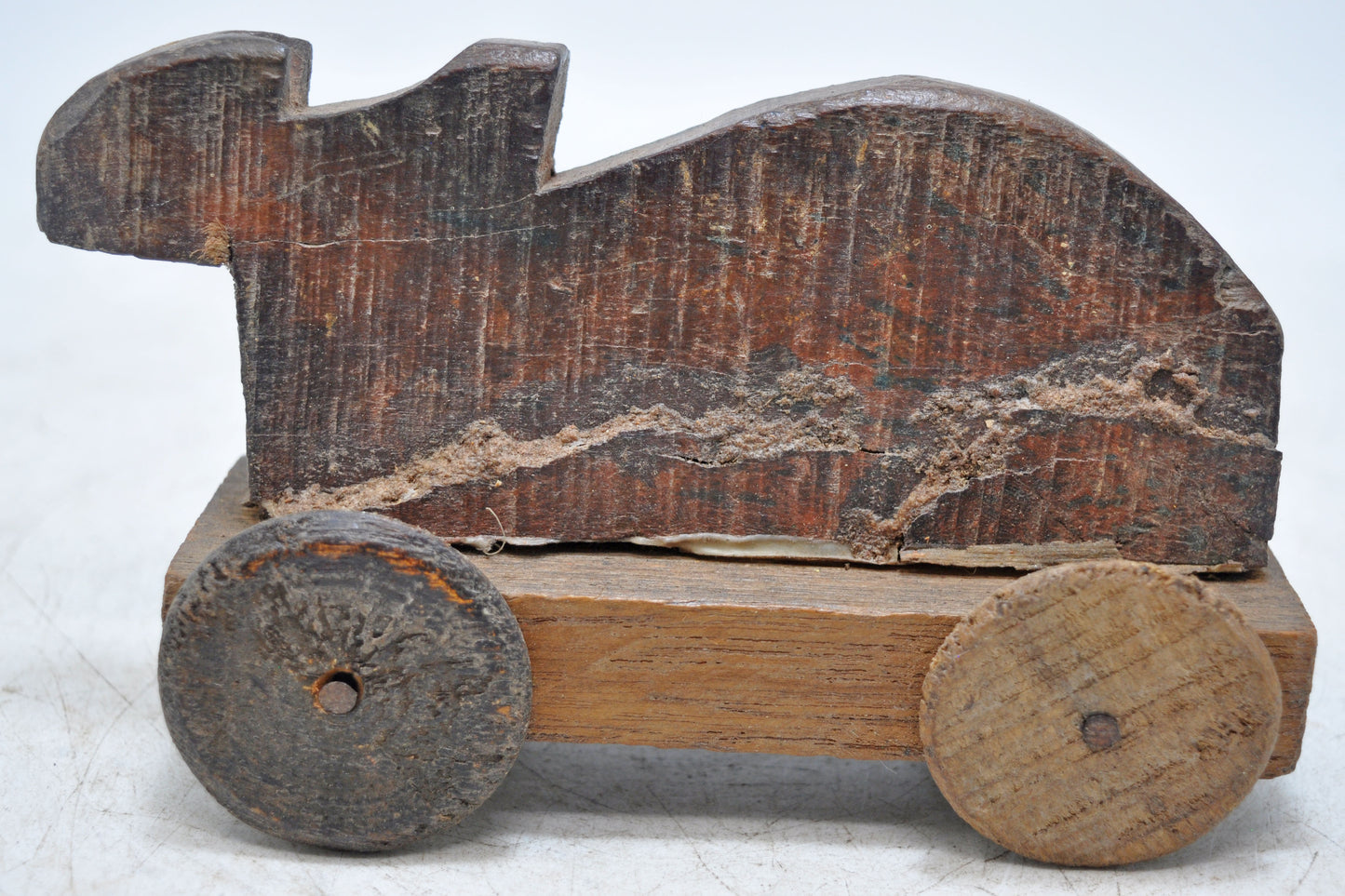 Antique Wooden Holy Cow on Wheels Figurine Original Old Hand Carved