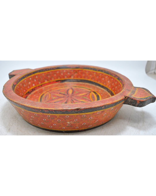 Vintage Wooden Round Parat Bowl With Handle Original Old Hand Carved Painted