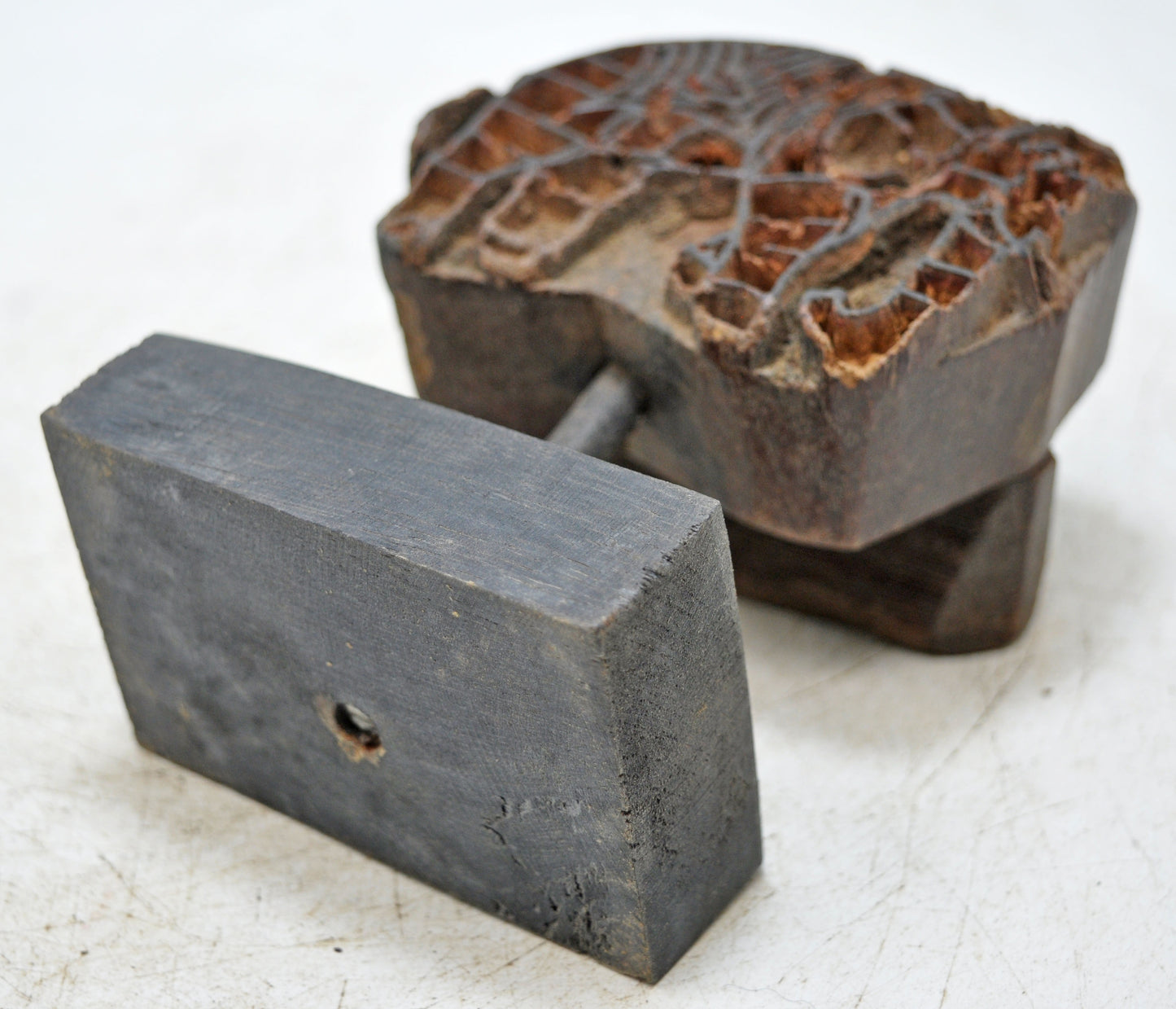 Antique Wooden Textile Printing Block on Stand Original Old Hand Carved