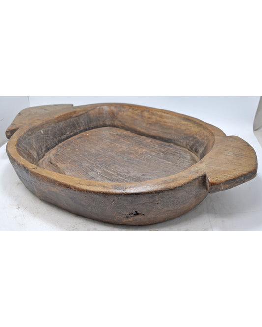 Antique Wooden Large Heavy Parat Bowl With Handles Original Old Hand Carved