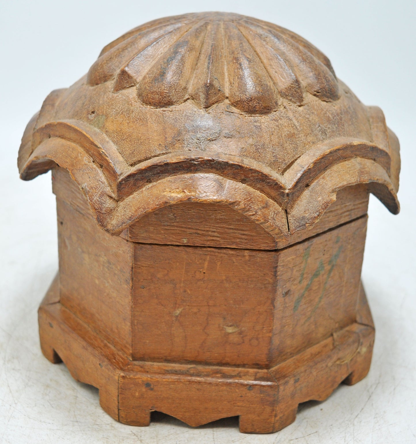 Vintage Wooden Octagonal Dome Shaped Storage Box Original Old Hand Crafted