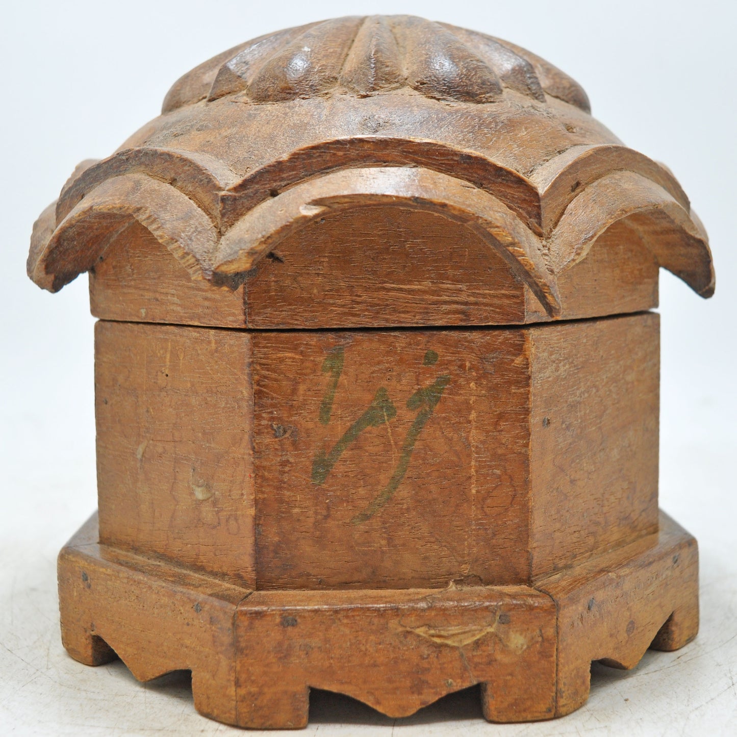 Vintage Wooden Octagonal Dome Shaped Storage Box Original Old Hand Crafted