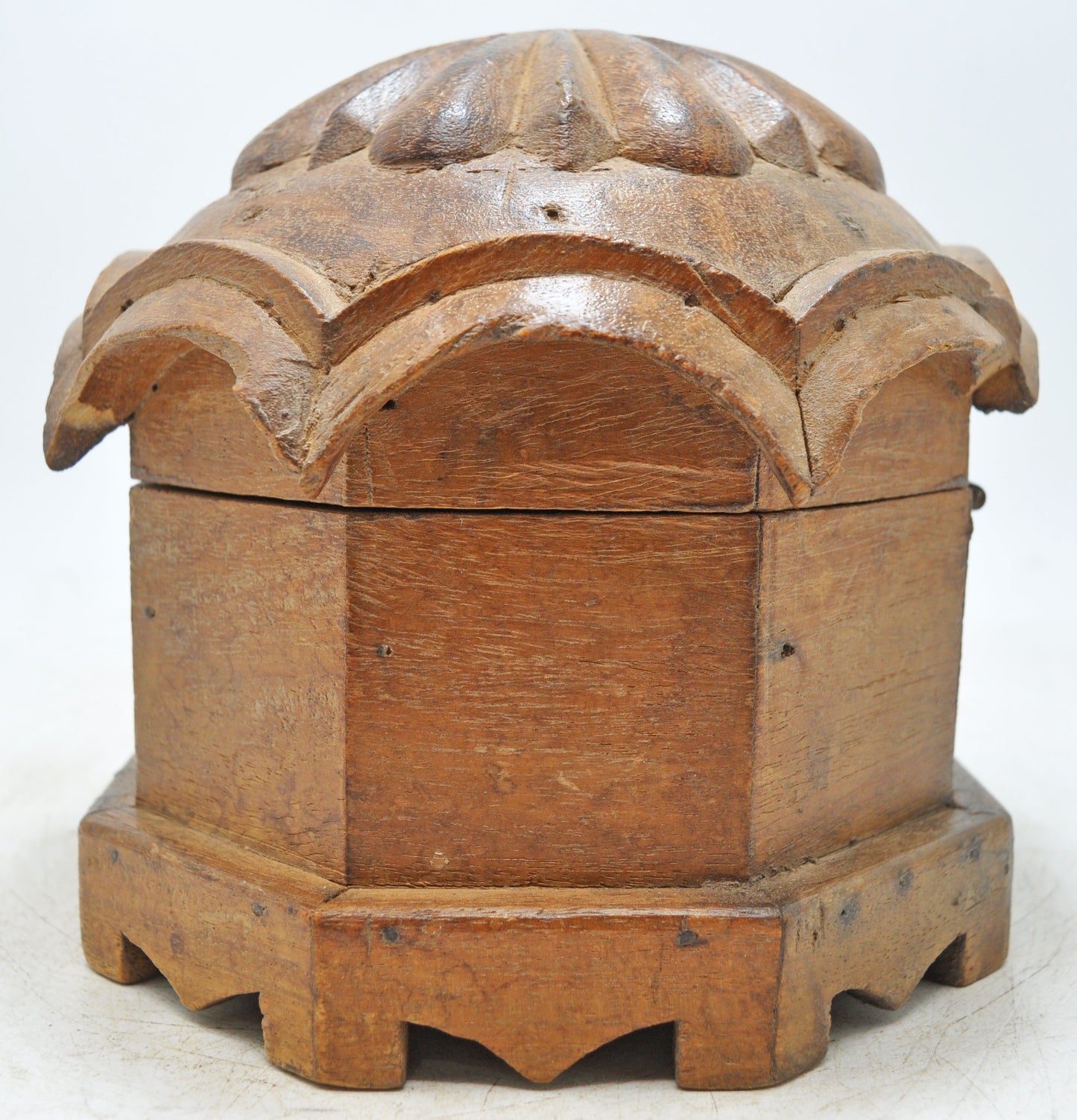 Vintage Wooden Octagonal Dome Shaped Storage Box Original Old Hand Crafted