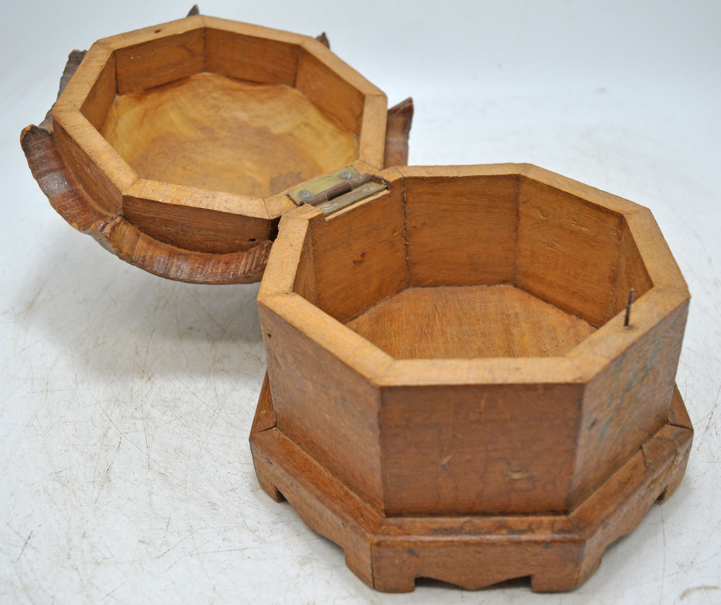 Vintage Wooden Octagonal Dome Shaped Storage Box Original Old Hand Crafted