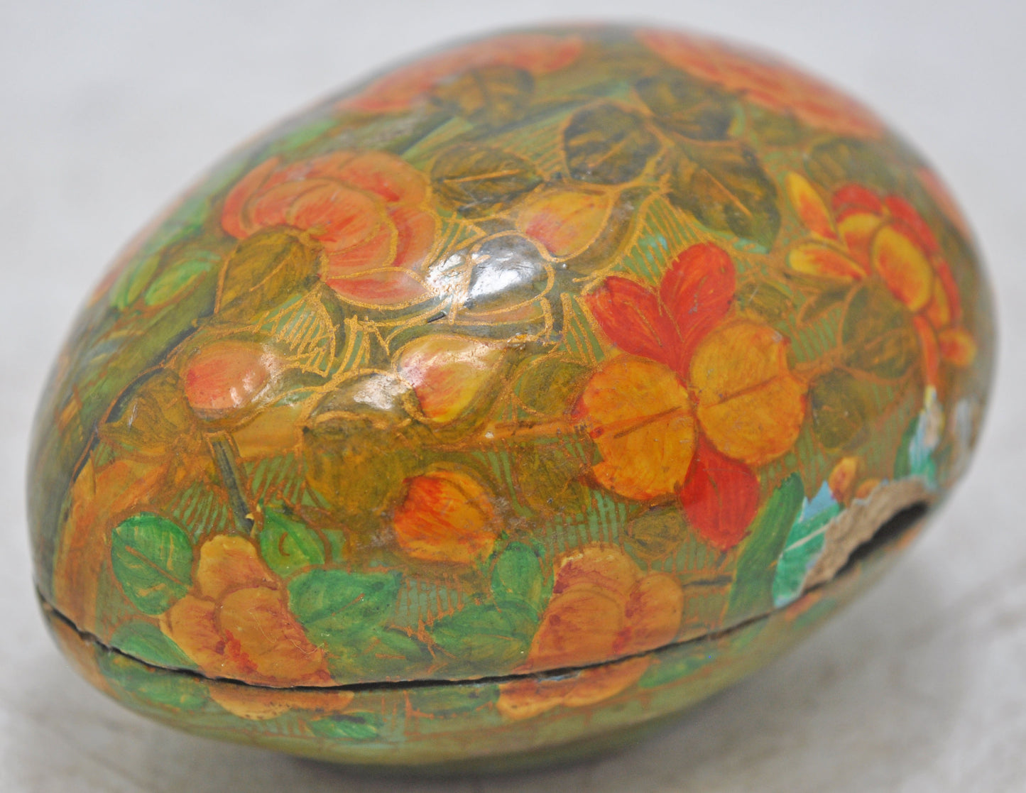 Vintage Papier Mache Egg Shaped Box Original Old Hand Crafted Painted