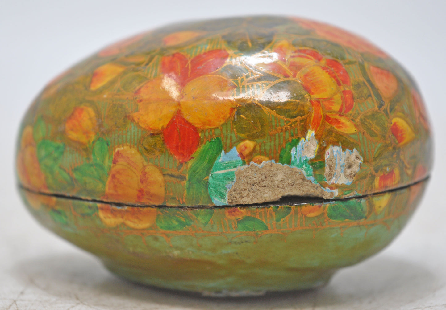 Vintage Papier Mache Egg Shaped Box Original Old Hand Crafted Painted