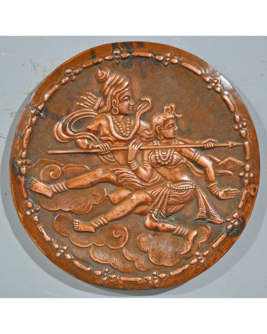 Antique Copper Round Wall Decor God Shiva Parwati Panel Plaque Original Old Fine