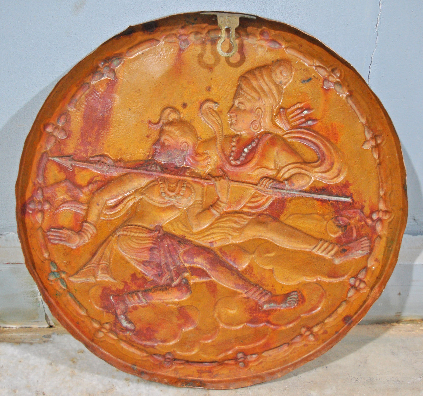 Antique Copper Round Wall Decor God Shiva Parwati Panel Plaque Original Old Fine