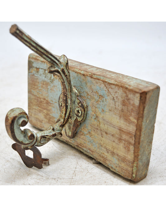 Antique Iron Wooden Wall Hanging 1 Hook Hanger Original Old Hand Crafted
