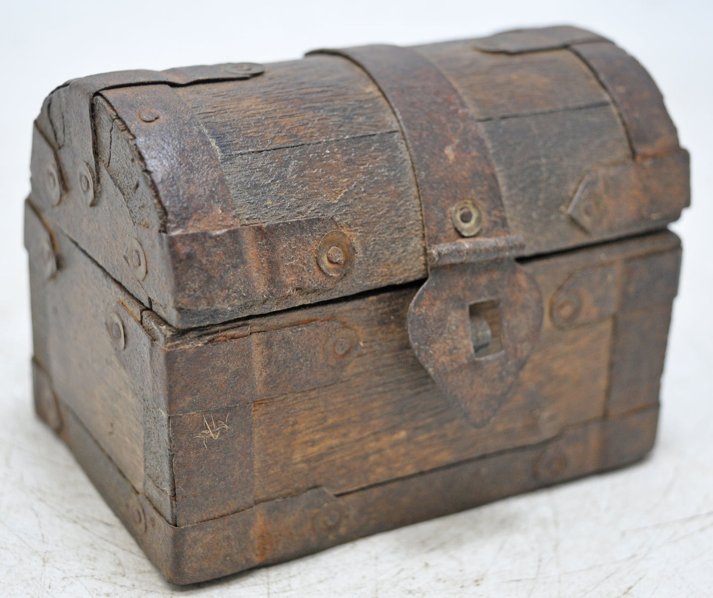 Vintage Wooden Small Half Round Storage Box Original Old Hand Crafted Metal Fitted