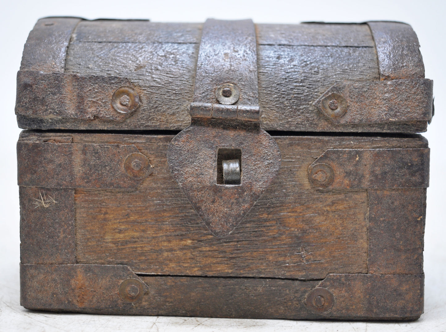 Vintage Wooden Small Half Round Storage Box Original Old Hand Crafted Metal Fitted