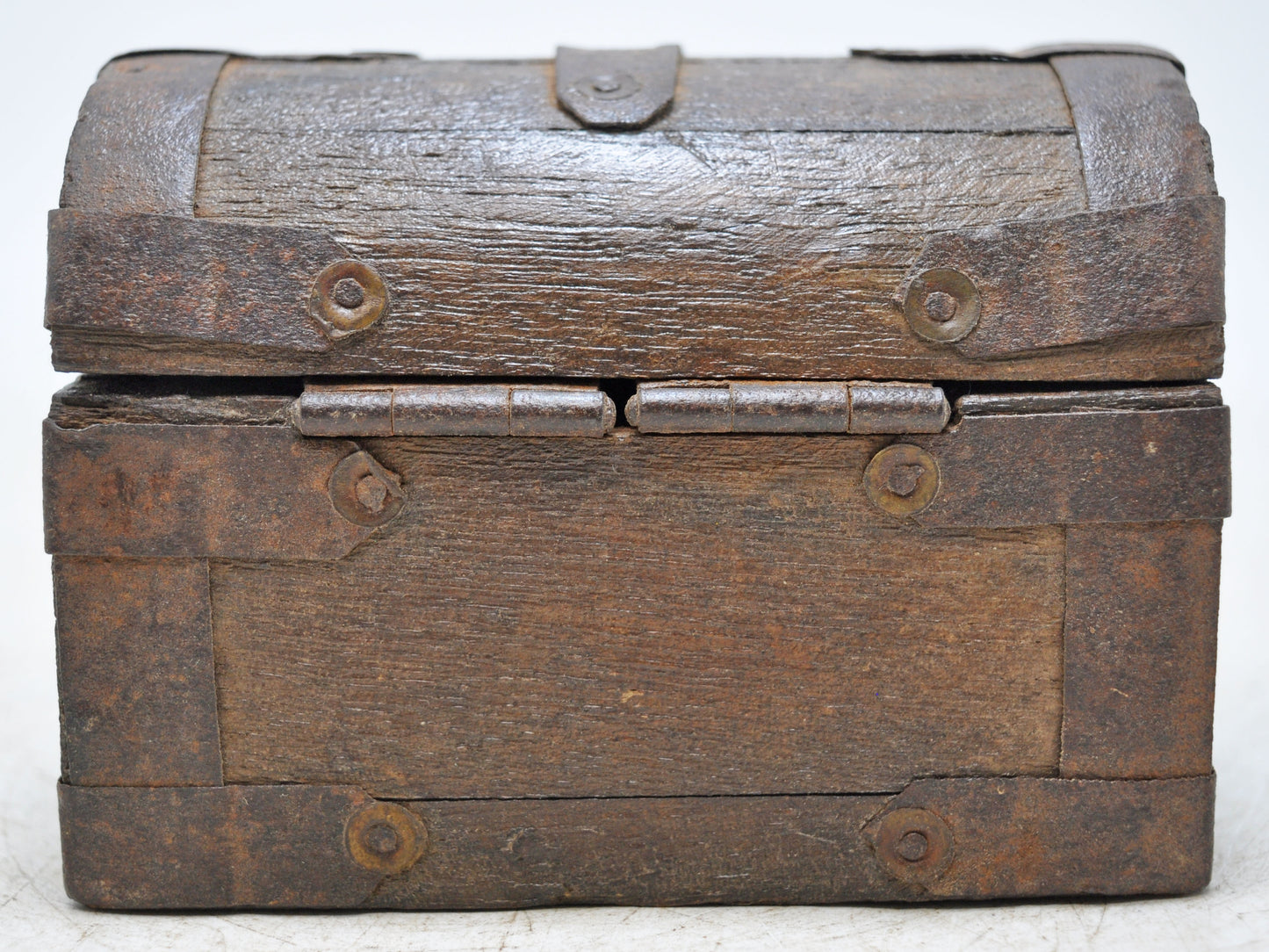 Vintage Wooden Small Half Round Storage Box Original Old Hand Crafted Metal Fitted