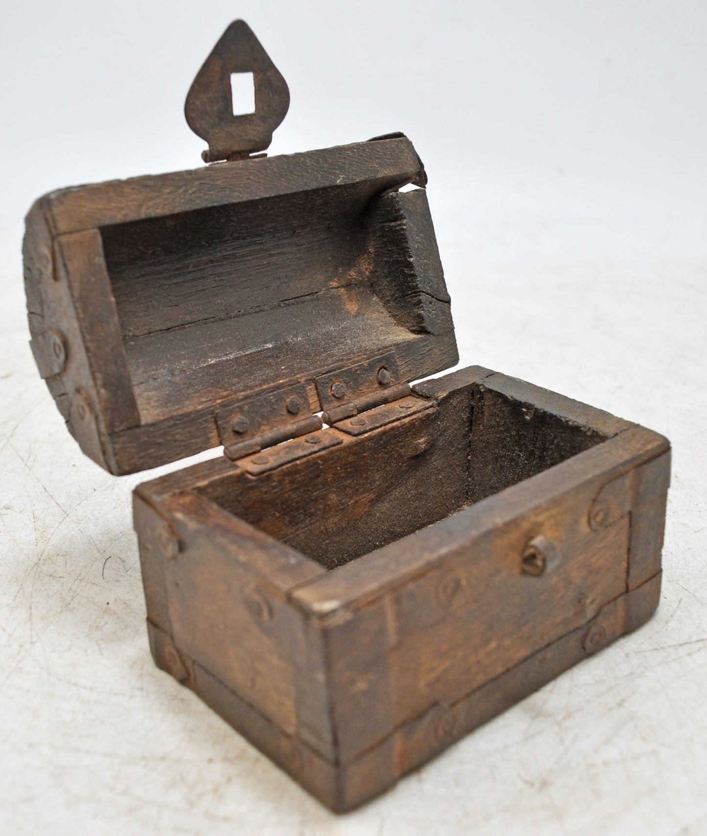 Vintage Wooden Small Half Round Storage Box Original Old Hand Crafted Metal Fitted