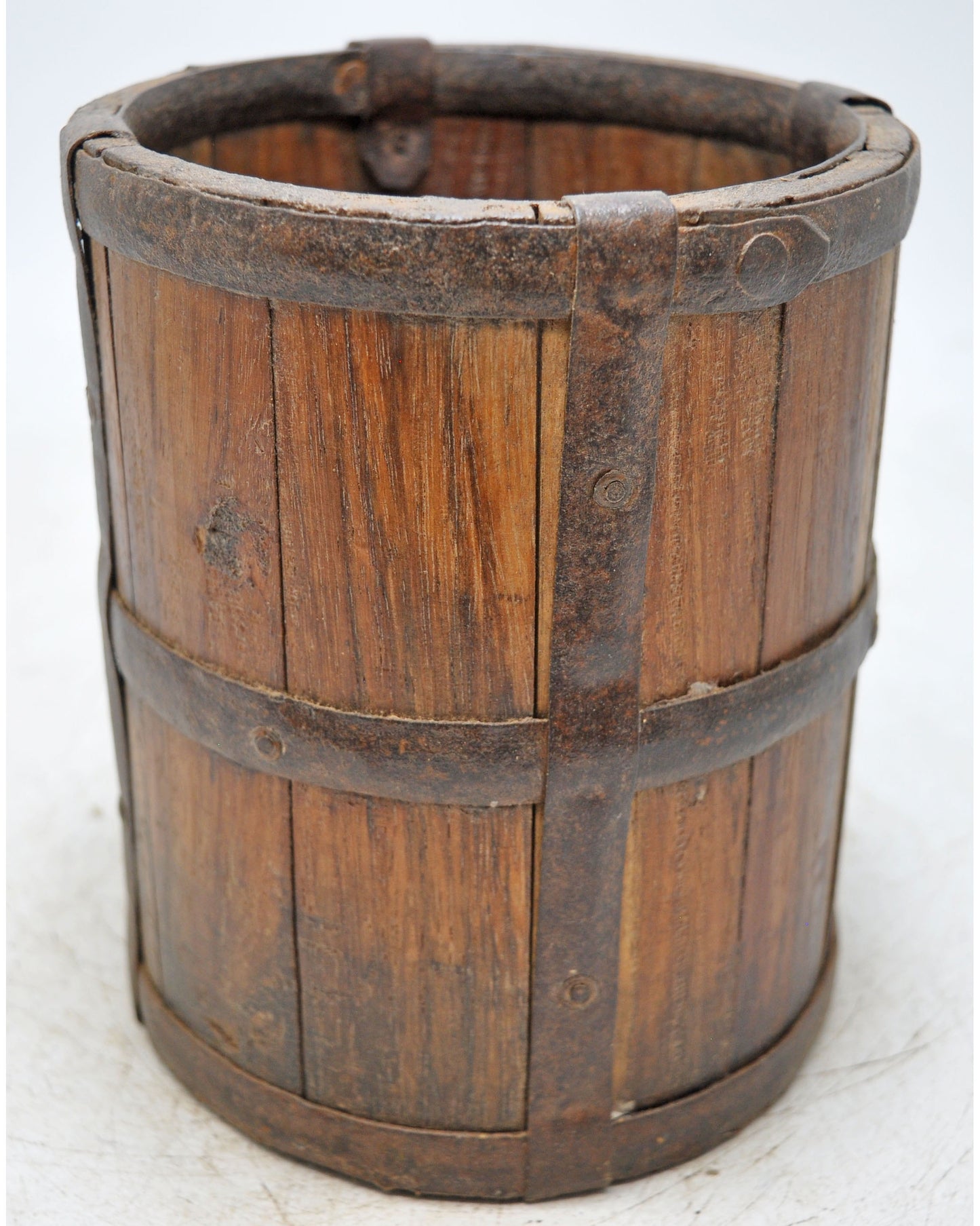Vintage Wooden Grain Measurement Pot Original Old Hand Crafted Metal Fitted