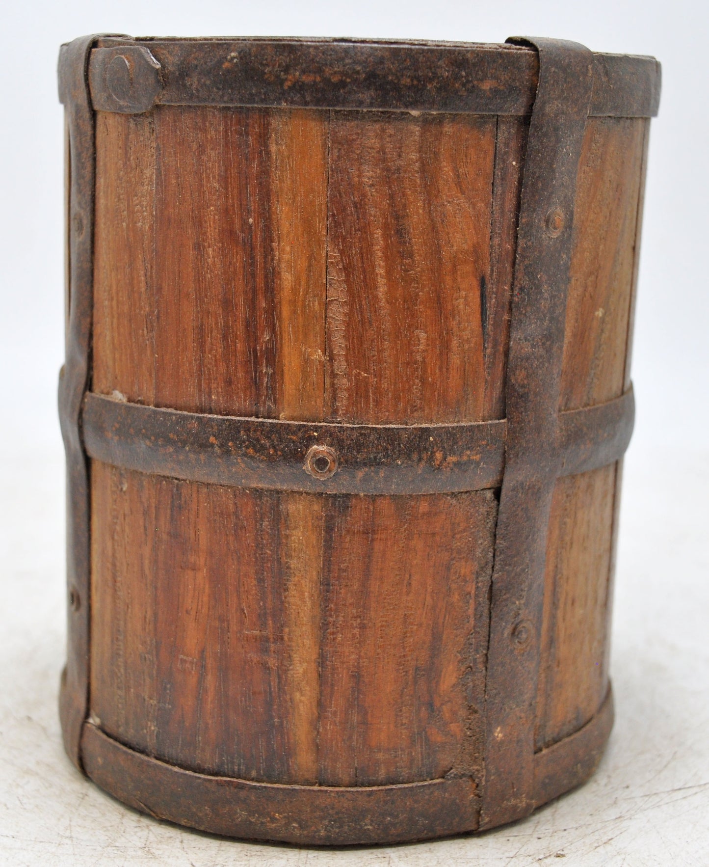 Vintage Wooden Grain Measurement Pot Original Old Hand Crafted Metal Fitted
