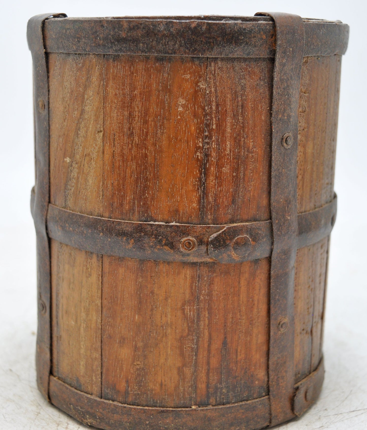 Vintage Wooden Grain Measurement Pot Original Old Hand Crafted Metal Fitted