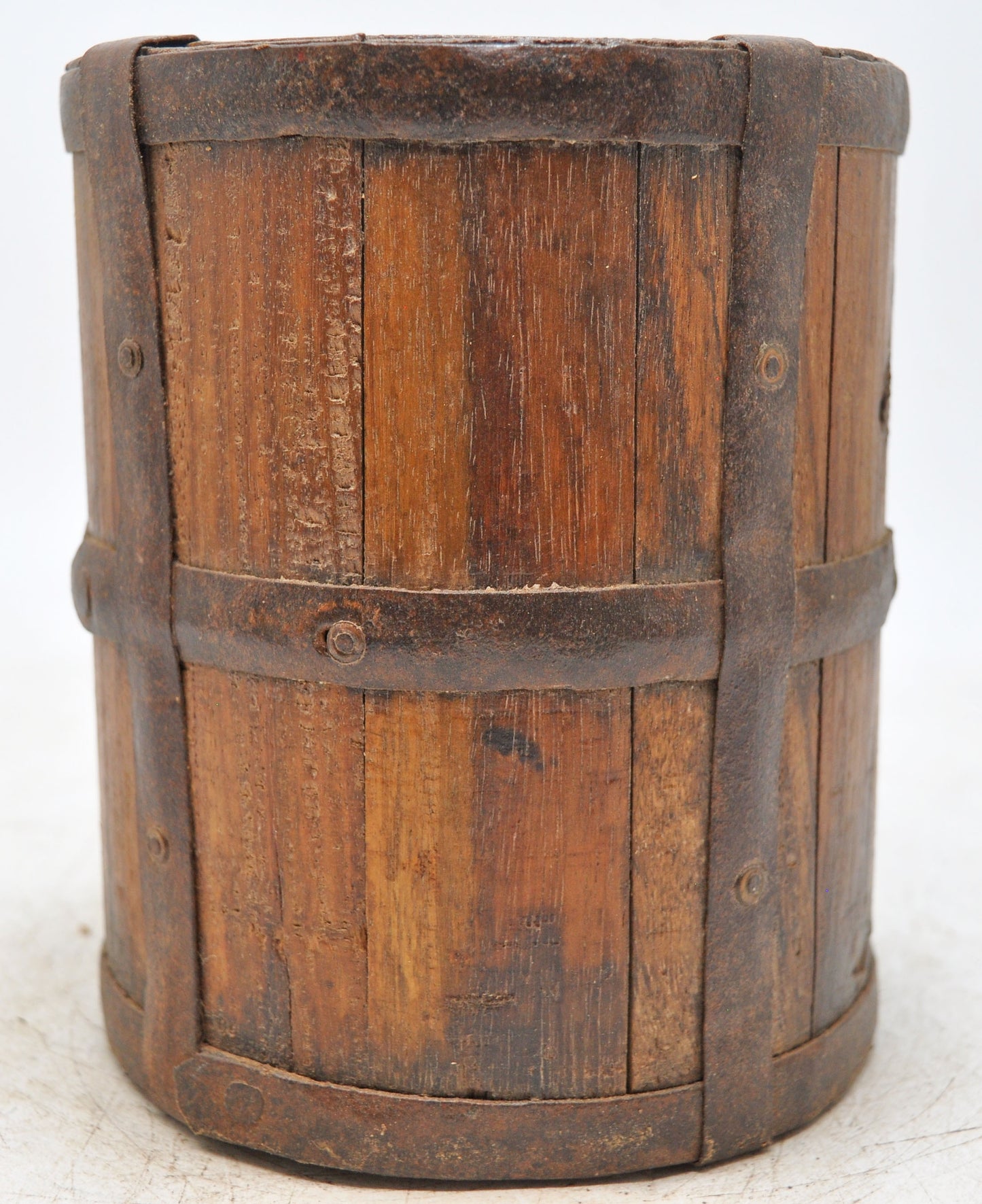Vintage Wooden Grain Measurement Pot Original Old Hand Crafted Metal Fitted