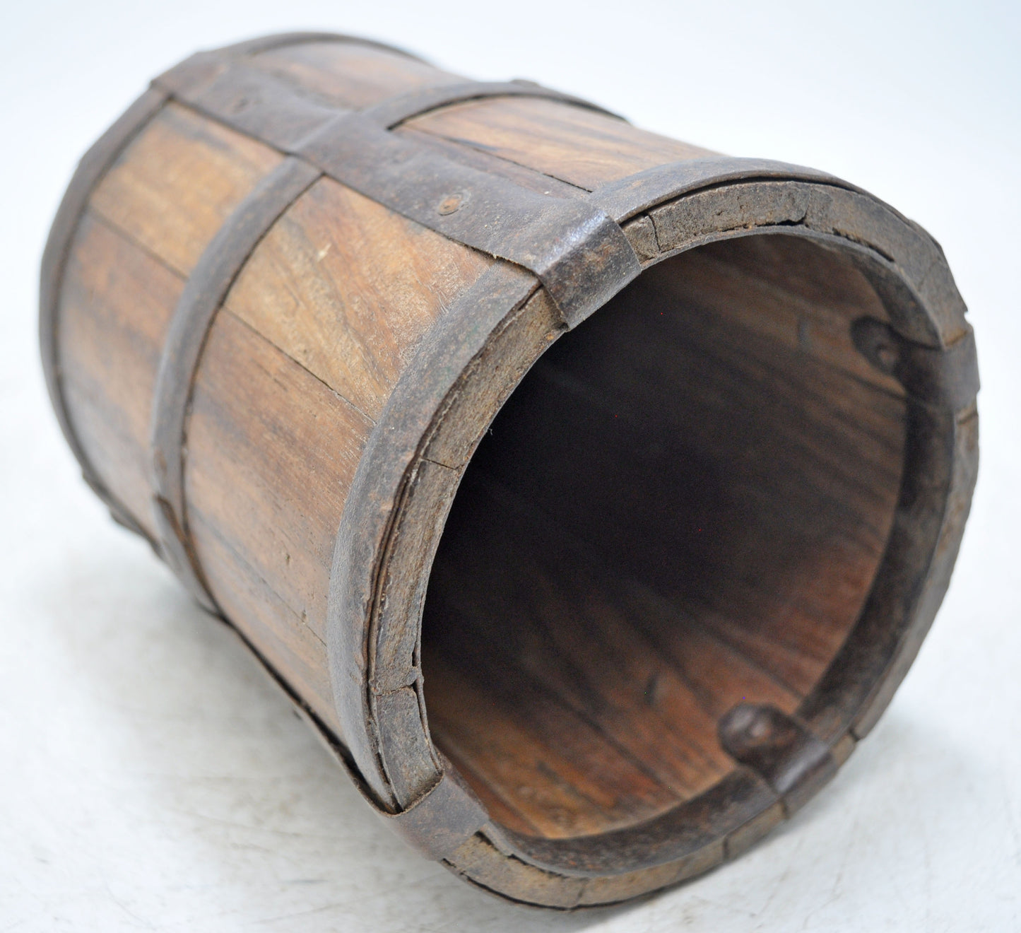 Vintage Wooden Grain Measurement Pot Original Old Hand Crafted Metal Fitted