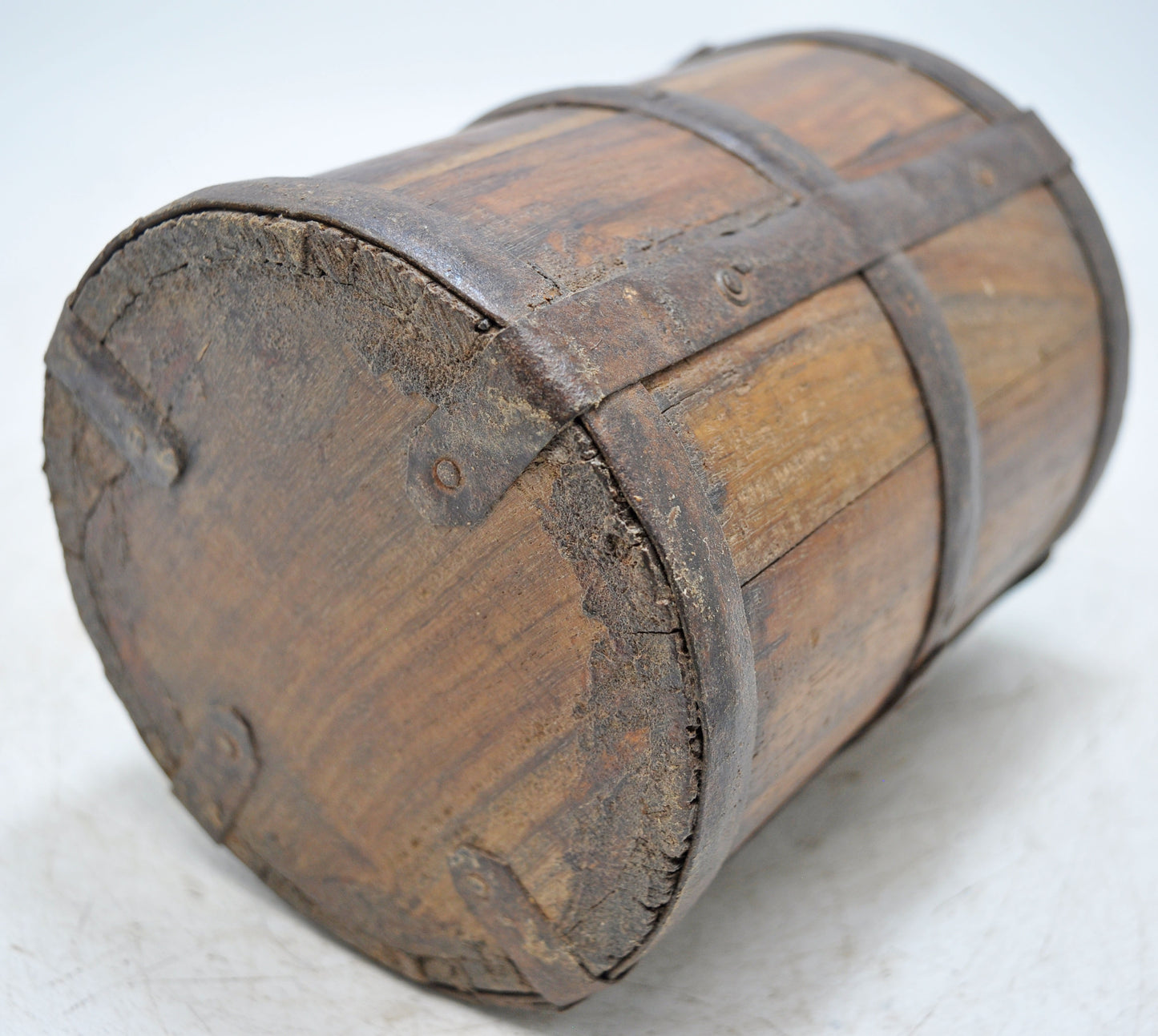 Vintage Wooden Grain Measurement Pot Original Old Hand Crafted Metal Fitted