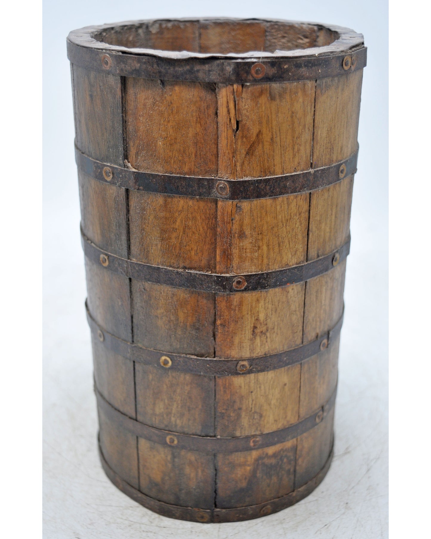 Vintage Wooden Grain Measurement Pot Original Old Hand Crafted Metal Fitted