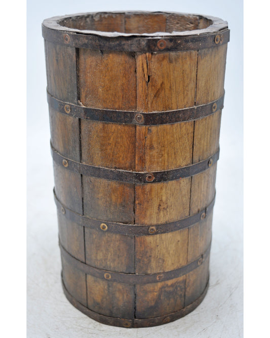 Vintage Wooden Grain Measurement Pot Original Old Hand Crafted Metal Fitted