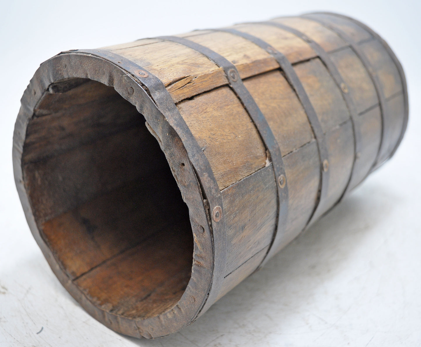 Vintage Wooden Grain Measurement Pot Original Old Hand Crafted Metal Fitted