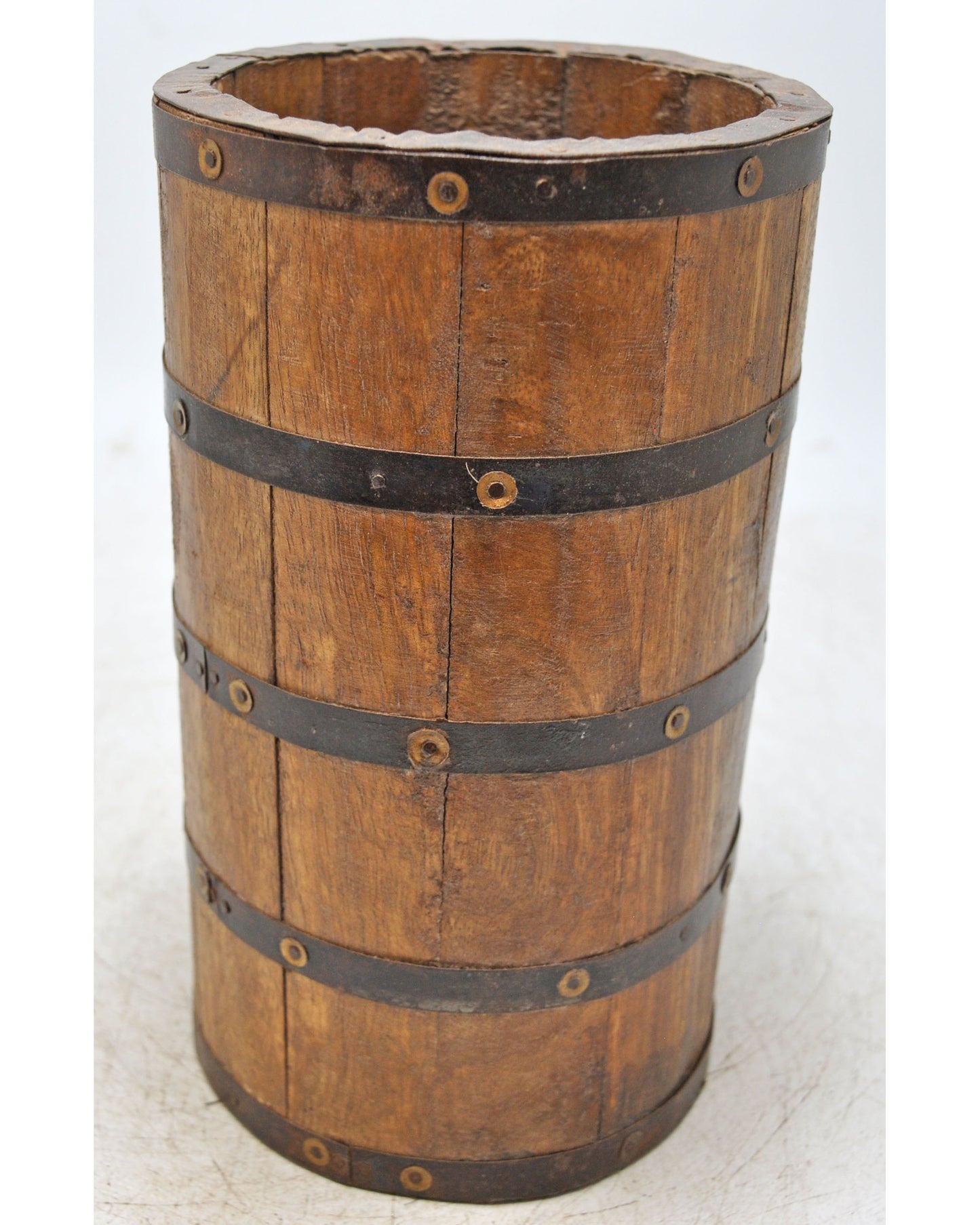 Vintage Wooden Grain Measurement Pot Original Old Hand Crafted Metal Fitted