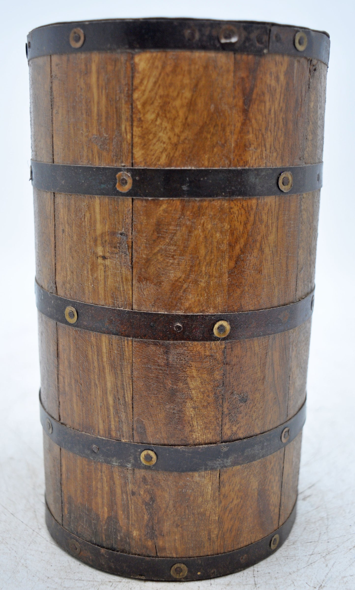 Vintage Wooden Grain Measurement Pot Original Old Hand Crafted Metal Fitted