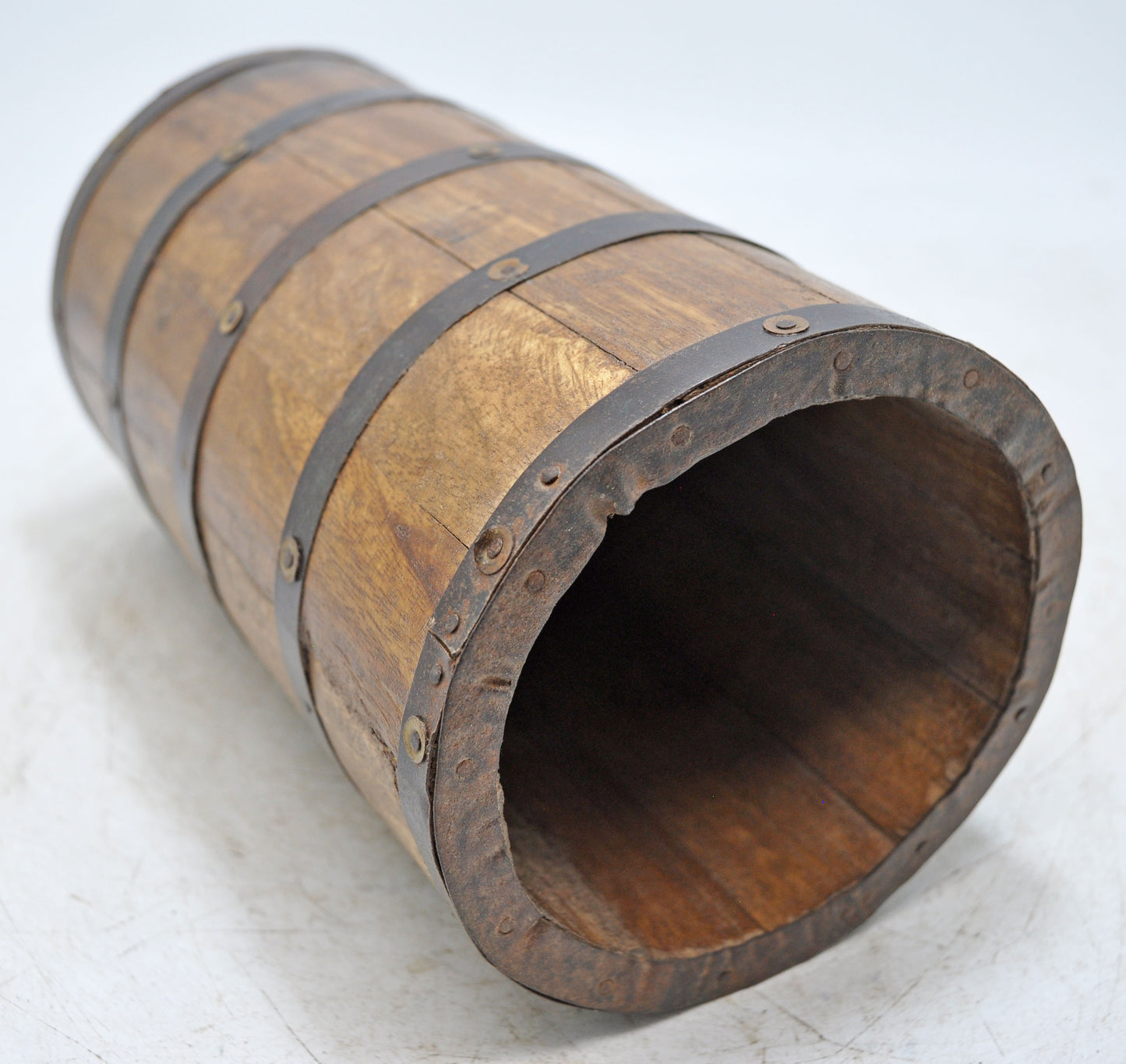 Vintage Wooden Grain Measurement Pot Original Old Hand Crafted Metal Fitted