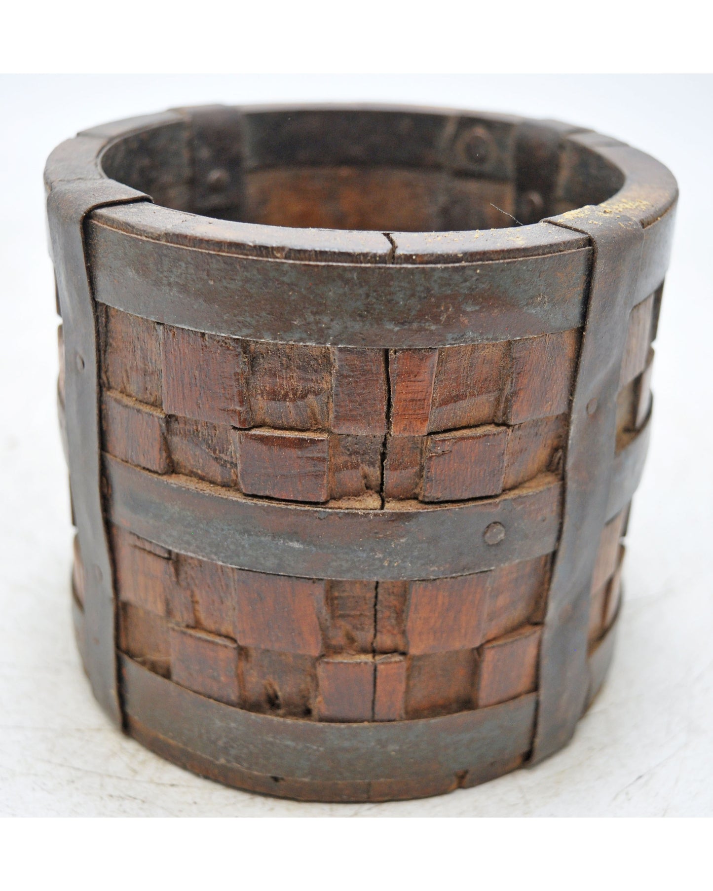 Vintage Wooden Grain Measurement Pot Original Old Hand Crafted Metal Fitted