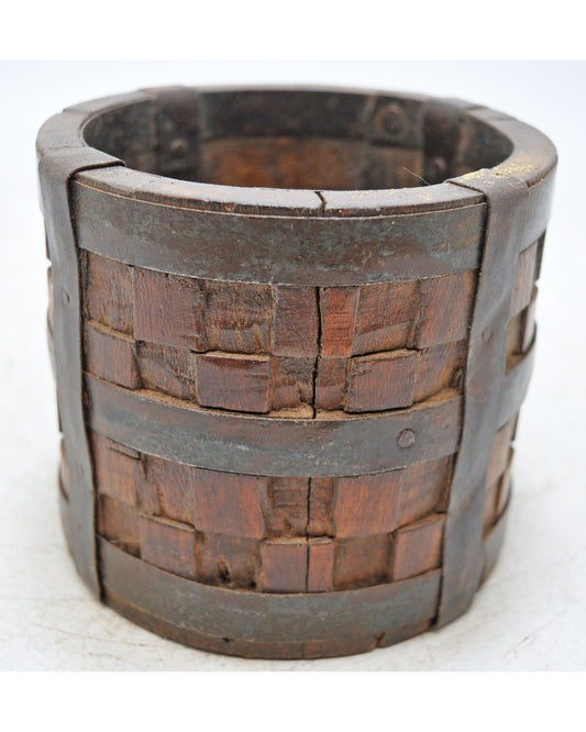 Vintage Wooden Grain Measurement Pot Original Old Hand Crafted Metal Fitted