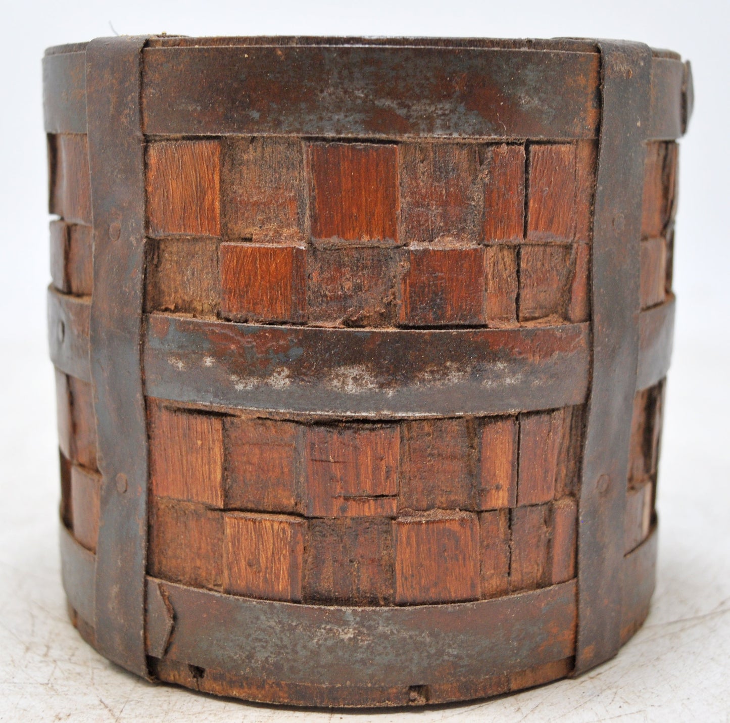 Vintage Wooden Grain Measurement Pot Original Old Hand Crafted Metal Fitted