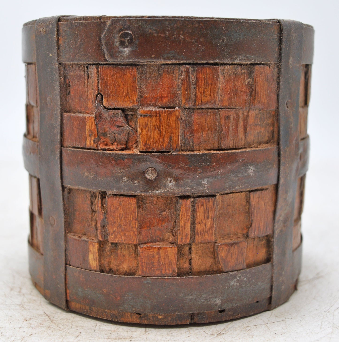 Vintage Wooden Grain Measurement Pot Original Old Hand Crafted Metal Fitted