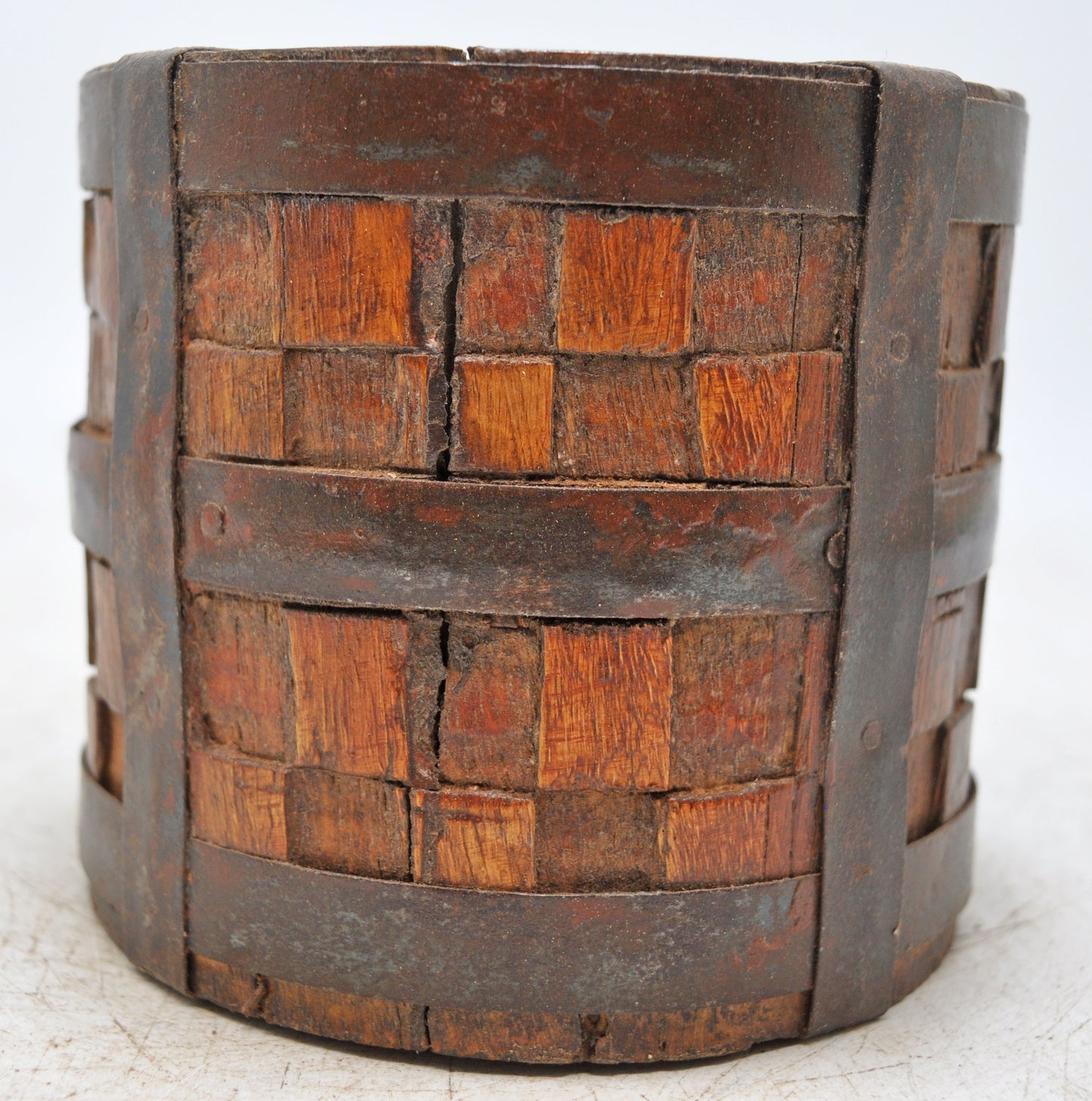 Vintage Wooden Grain Measurement Pot Original Old Hand Crafted Metal Fitted