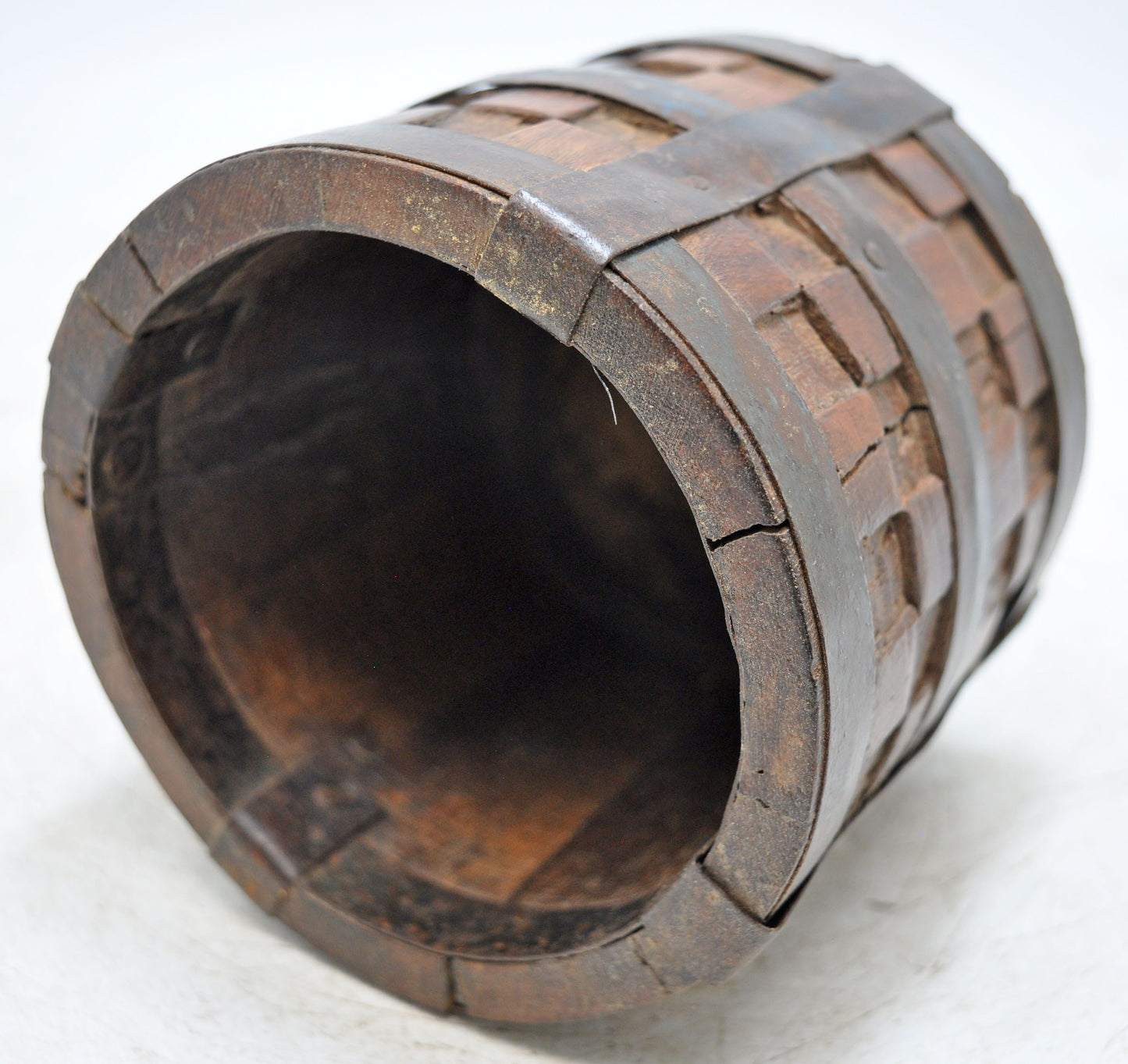 Vintage Wooden Grain Measurement Pot Original Old Hand Crafted Metal Fitted