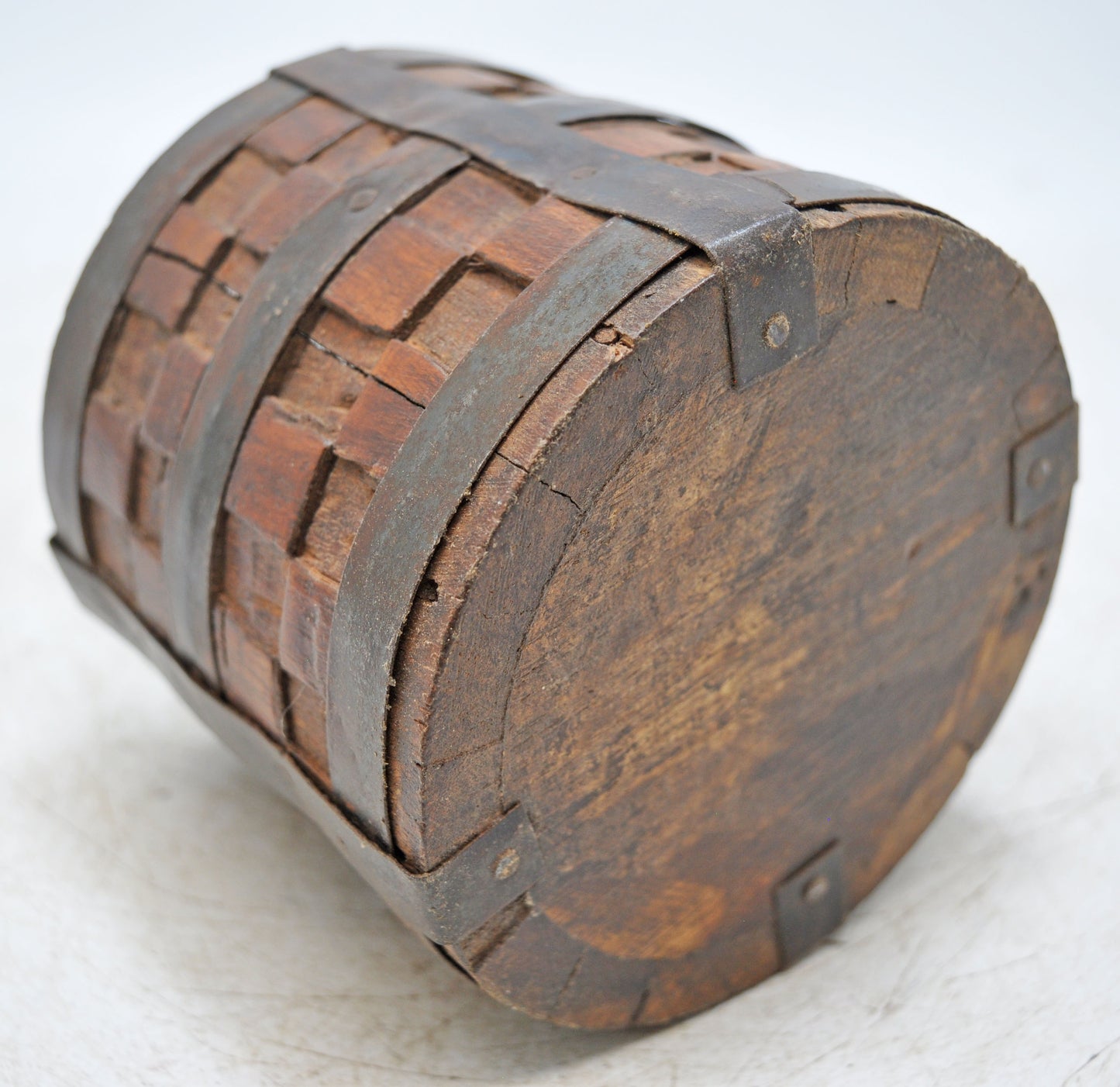 Vintage Wooden Grain Measurement Pot Original Old Hand Crafted Metal Fitted