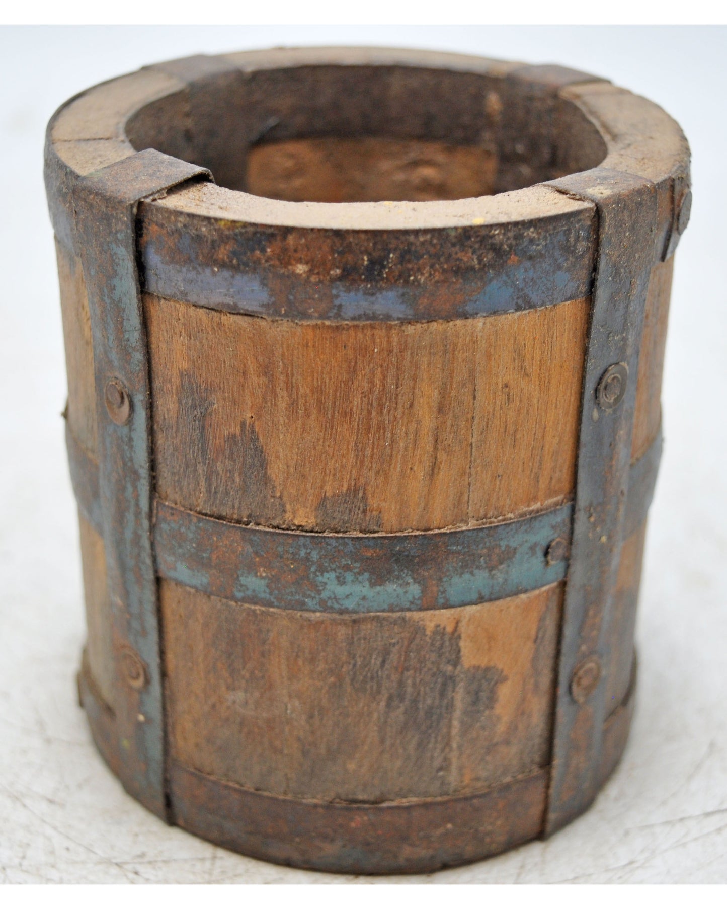 Vintage Wooden Grain Measurement Pot Original Old Hand Crafted Metal Fitted