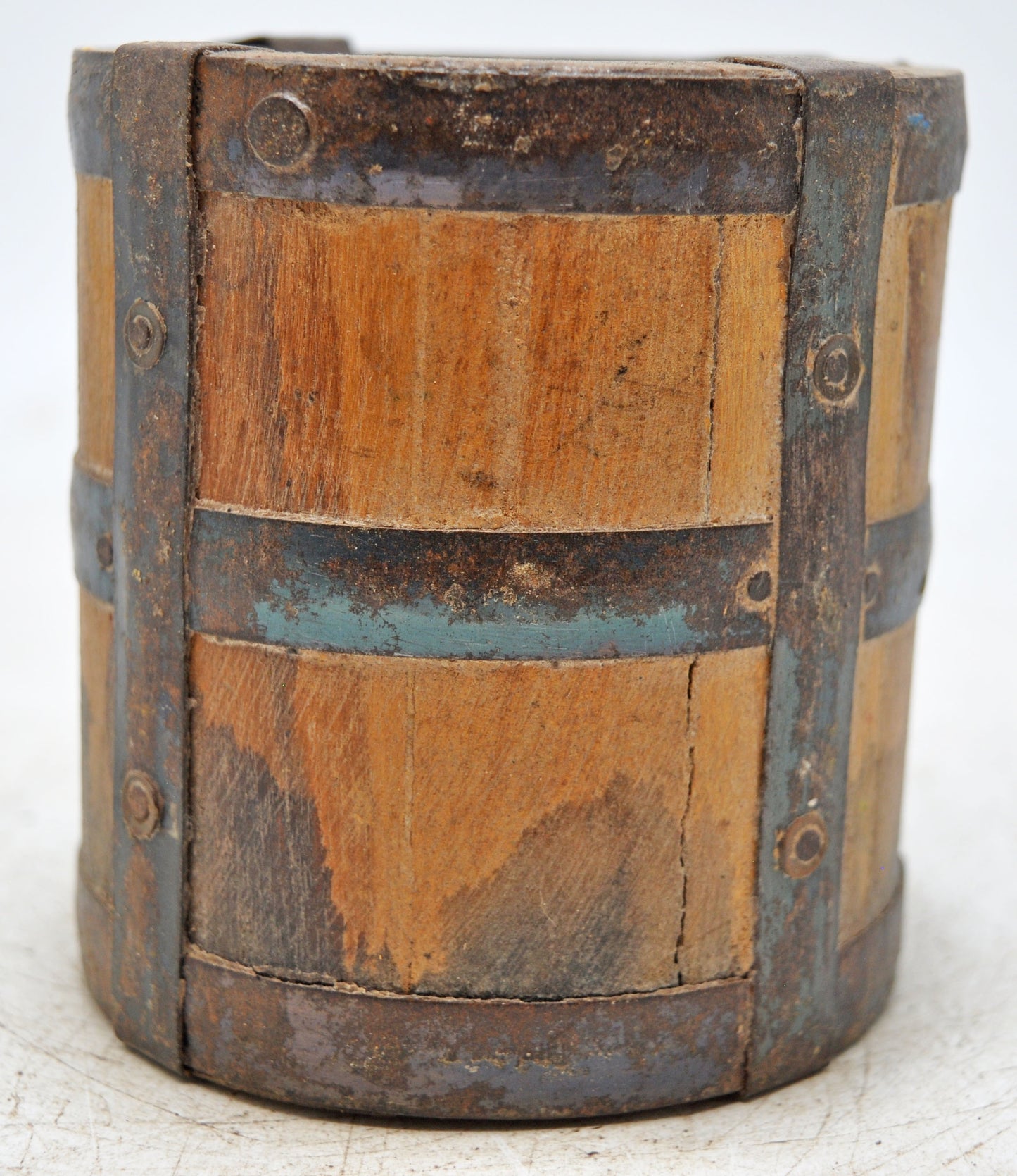 Vintage Wooden Grain Measurement Pot Original Old Hand Crafted Metal Fitted