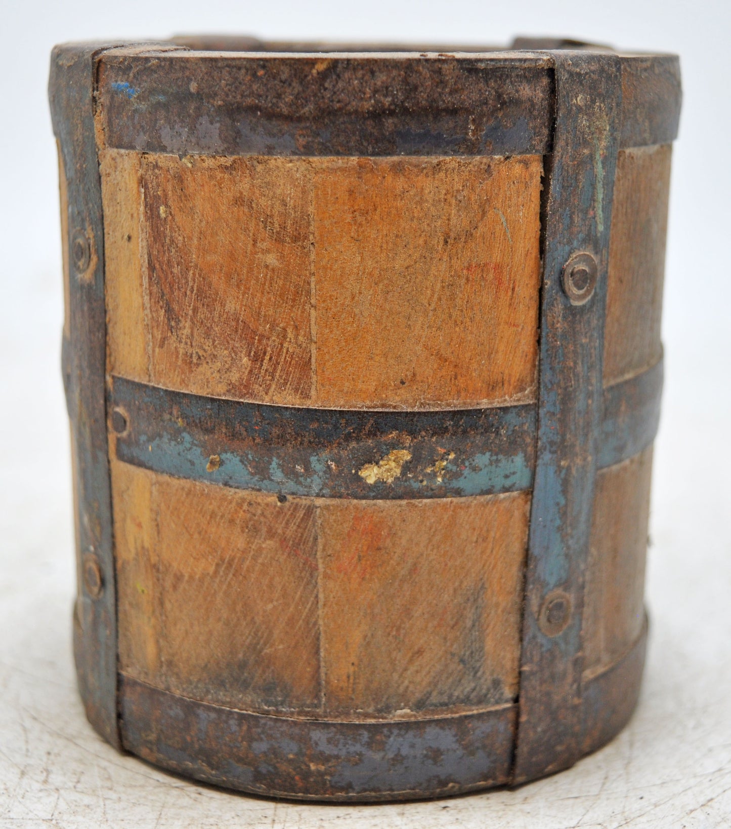 Vintage Wooden Grain Measurement Pot Original Old Hand Crafted Metal Fitted