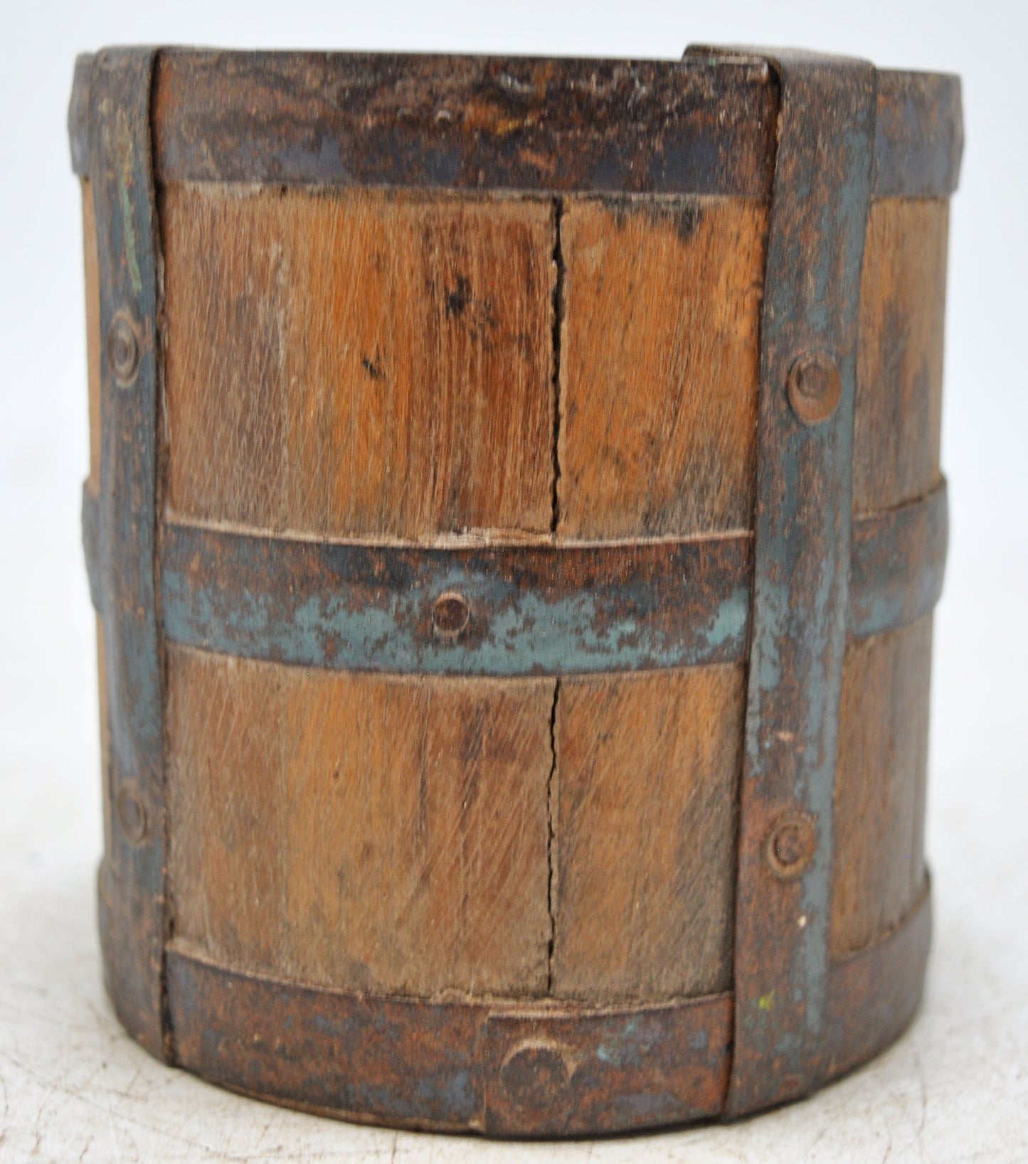 Vintage Wooden Grain Measurement Pot Original Old Hand Crafted Metal Fitted