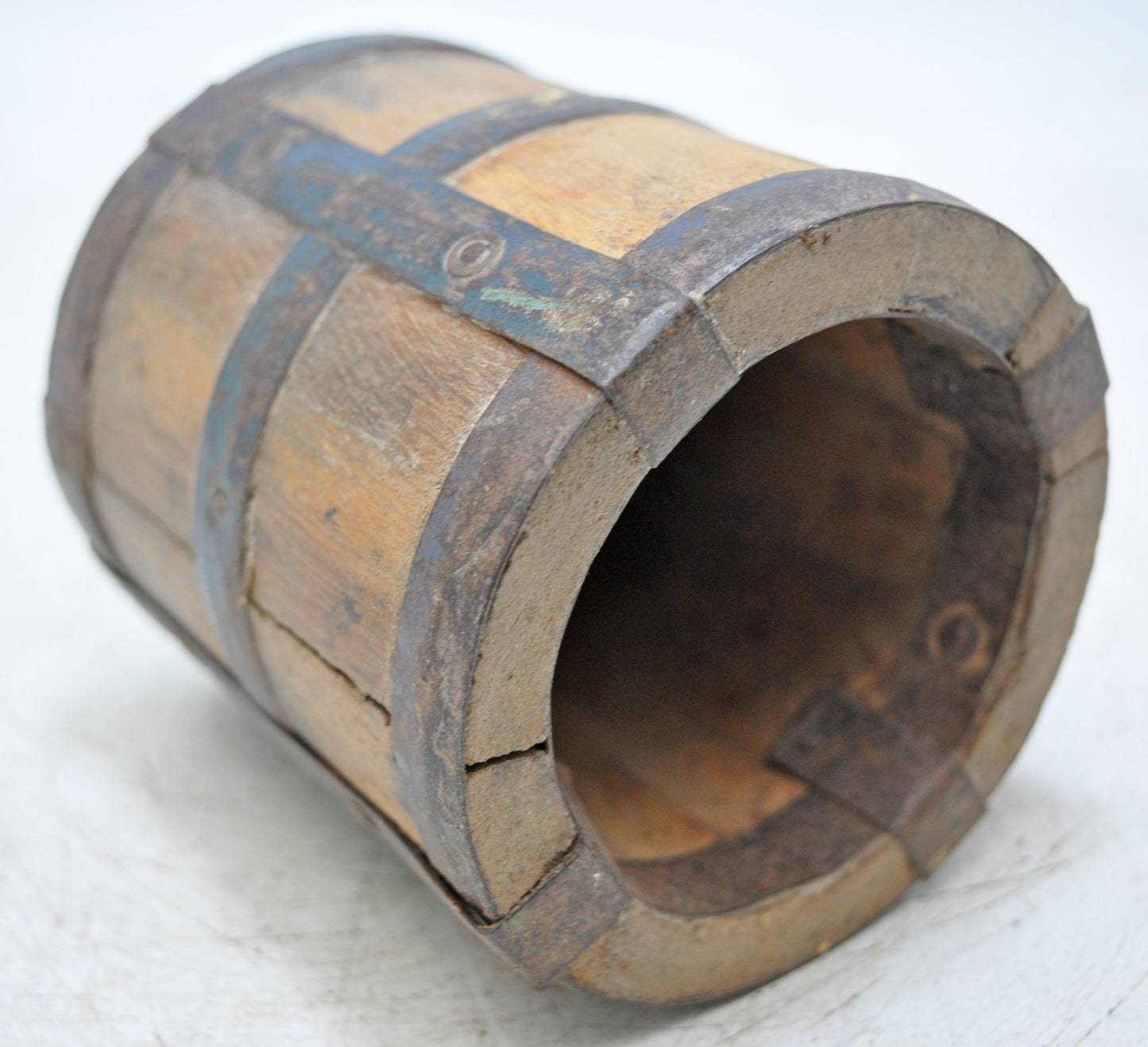 Vintage Wooden Grain Measurement Pot Original Old Hand Crafted Metal Fitted