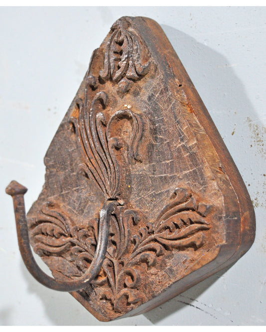 Antique Wooden Textile Printing Block Hook Hanger Original Old Hand Carved