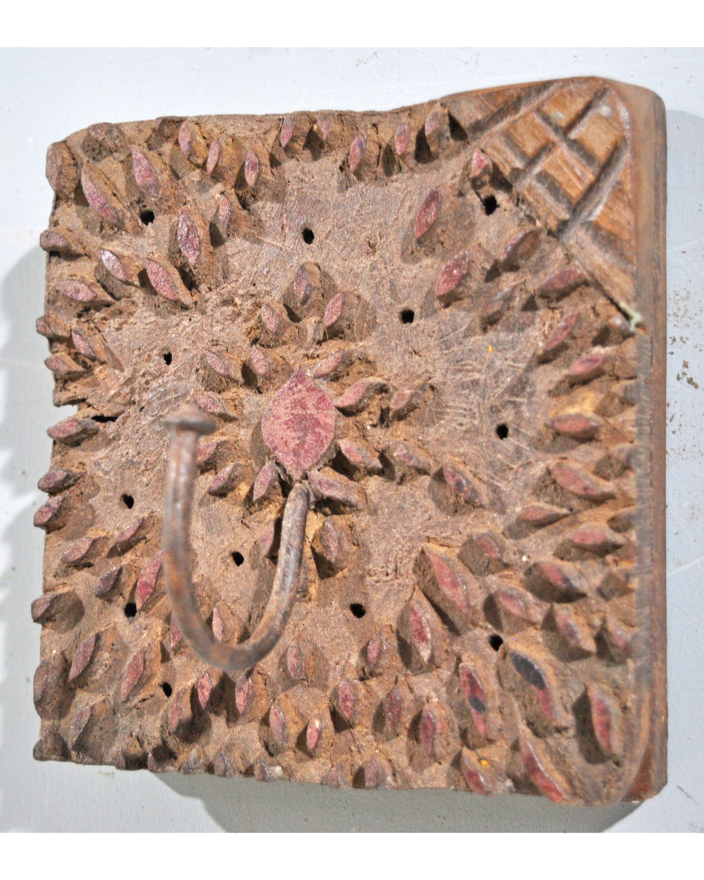 Antique Wooden Textile Printing Block Hook Hanger Original Old Hand Carved