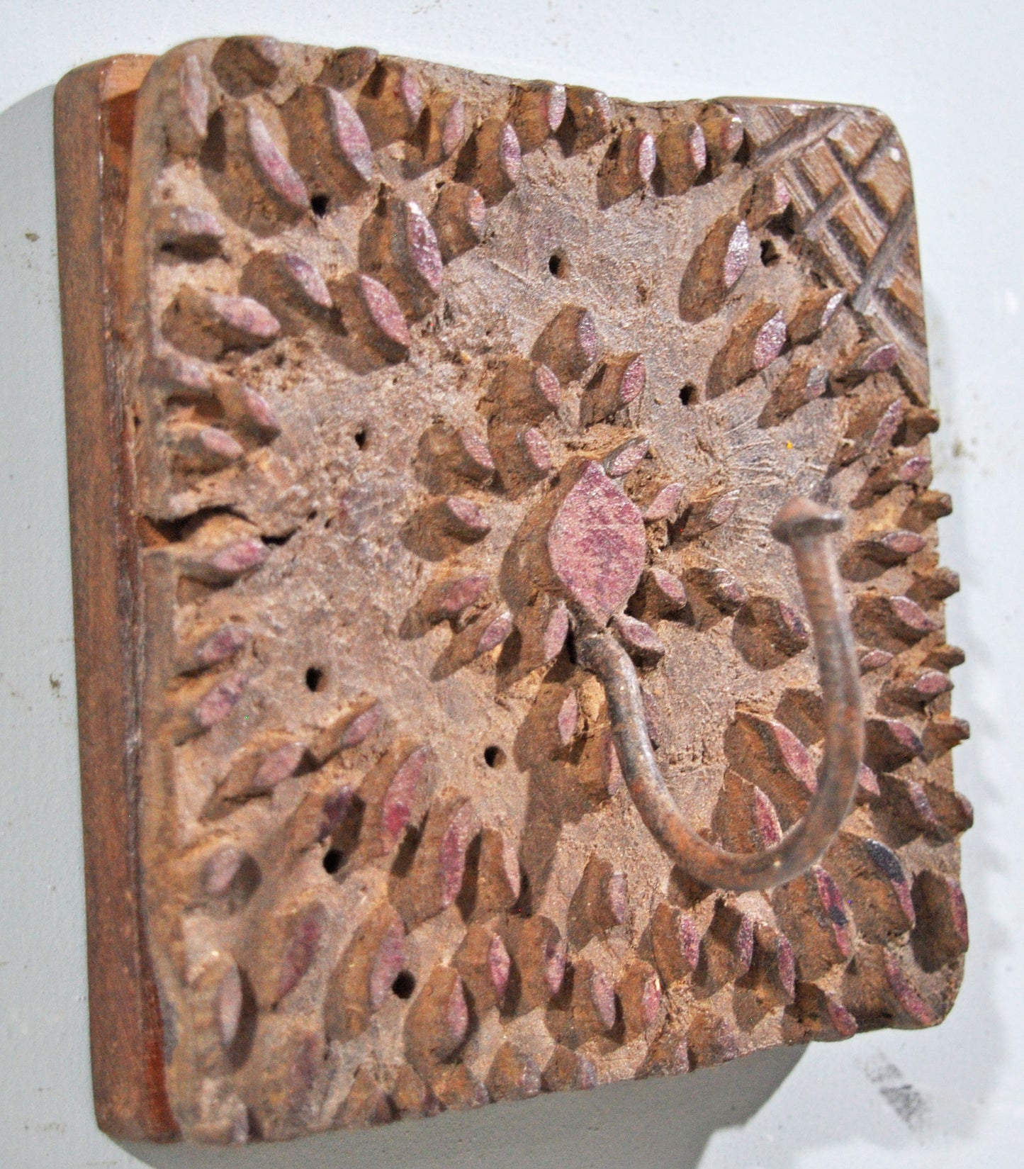 Antique Wooden Textile Printing Block Hook Hanger Original Old Hand Carved