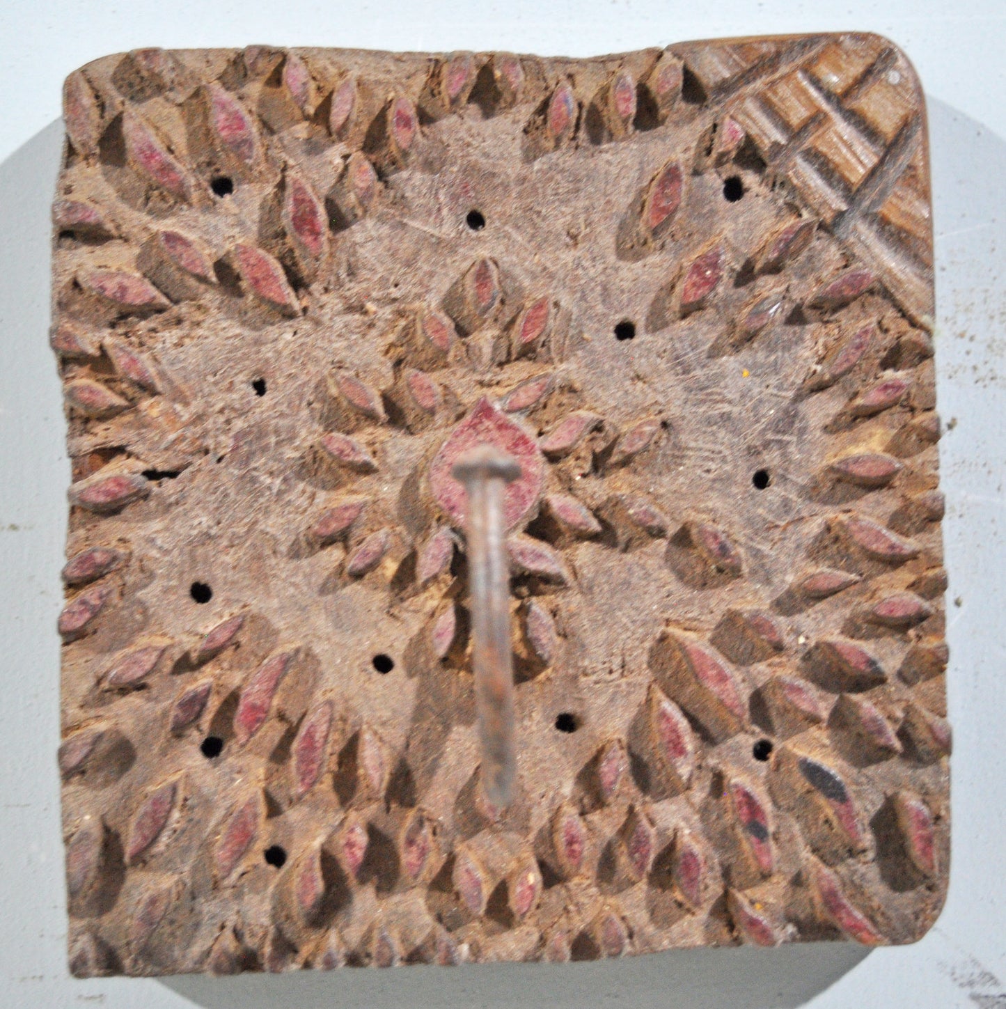 Antique Wooden Textile Printing Block Hook Hanger Original Old Hand Carved